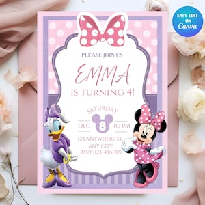 May include: A pink and purple invitation with the text "PLEASE JOIN US EMMA IS TURNING 4!" and "SATURDAY DEC 8 10 PM". Features illustrations of Minnie Mouse and Daisy Duck. Includes the text "EASY EDIT ON Canva".