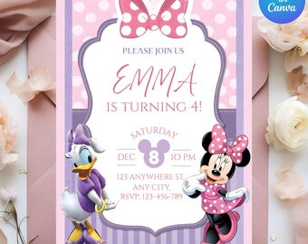 Minnie Mouse birthday Invitation Minnie Daisy Duck Pink invitation Girls Birthday Invite Minnie Bowtique Party Favor Editable Canva Template