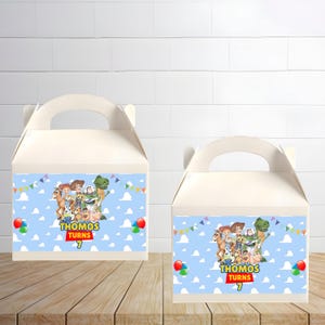 Toy Story Birthday Party favor gable box mockup with white background and two gable boxes are placed on the page.