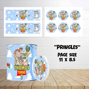 Toy Story Birthday Party favor bundle mockup with white background with pringles mockup and page.
