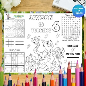 Può includere: Un foglio di attività stampabile a tema Zootropolis con un labirinto, un cruciverba, un sudoku e una griglia per il tris. Al centro è presente il testo JAXSON IS TURNING 6 con illustrazioni al tratto di Nick Wilde, Judy Hopps e un serpente.