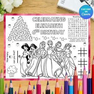 May include: A coloring page with a pink border, featuring a maze, word search, and princesses. Text reads "Celebrating Elizabeth 6th Birthday." Includes a "How many can you find?" section with strawberries and a cupcake.