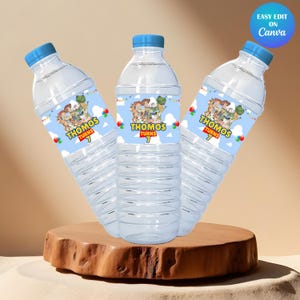 Toy Story Birthday Party favor Water bottle mockup with brown background and three Water bottles are placed on the page.