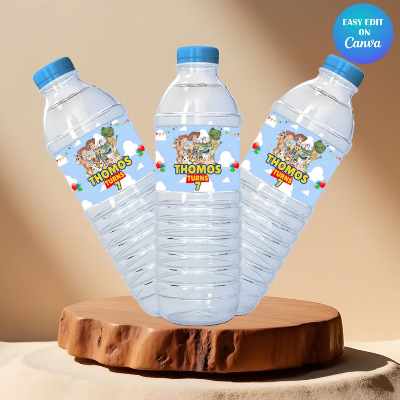 Toy Story Birthday Party favor Water bottle mockup with brown background and three Water bottles are placed on the page.