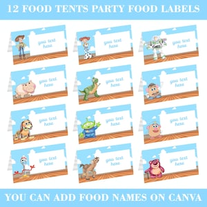 May include: Twelve food tent party food labels featuring characters from a popular animated film. Each label has a character illustration, a blue sky background, and space to add text. The text at the top says "12 FOOD TENTS PARTY FOOD LABELS".