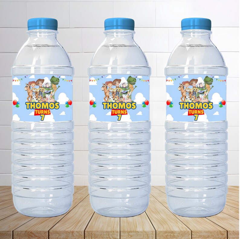 Toy Story Birthday Party favor Water bottle mockup with white background and three Water bottles are placed on the page.