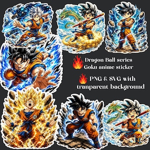 Könnte beinhalten: Eine Sammlung von Dragon Ball-Serie Goku Anime-Aufklebern. Die Aufkleber zeigen Goku in verschiedenen Actionposen, mit leuchtenden Orange- und Blautönen. Der Text auf dem Bild lautet "Dragon Ball series Goku anime sticker" und "PNG & SVG with tranparent background."