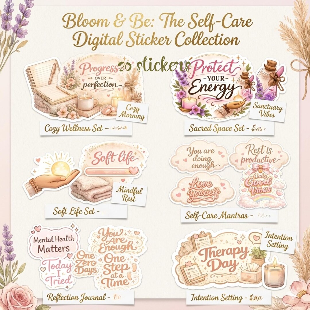 Self Care Digital Stickers Bundle | Bloom & Be Aesthetic Stickers ...