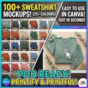 May include: A digital graphic displaying 100+ sweatshirt mockups in 25+ colors, featuring text overlays including 100+ SWEATSHIRT MOCKUPS! (25+ COLOURS), EASY TO USE IN CANVA! EDIT IN SECONDS, and POD READY! PRINTIFY & PRINTFUL! with a sage green sweatshirt.