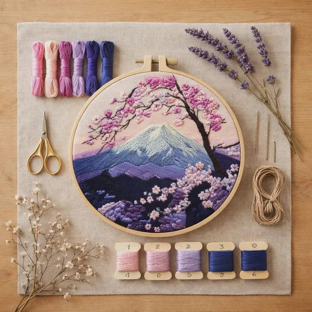 Mount Fuji Cherry Blossom Embroidery Kit DIY – Beginner Friendly Sakura ...