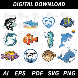 May include: Digital download featuring various cartoon sea creatures, including a shark, clownfish, seahorse, and dolphin. The design also includes a heart with dolphins, a whale, and a pufferfish. The image includes the text "DIGITAL DOWNLOAD".