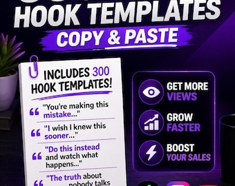 300 Viral Hook Templates (Copy & Paste), TikTok Instagram YouTube Hooks, Social Media Growth Content Ideas, Digital Download