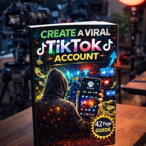 Puede incluir: Un libro titulado "Create a Viral TikTok Account" con una persona sosteniendo un teléfono que muestra una interfaz de TikTok. La portada presenta una figura con capucha, dinero e iconos de redes sociales. Se anuncia una guía de 42 páginas.