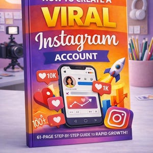 Könnte beinhalten: Buchcover mit dem Titel "How to Create a Viral Instagram Account". Das Cover zeigt eine Smartphone-Grafik mit Herzen und einer Rakete. Das Buch ist lila, orange und gelb. Das Instagram-Logo ist ebenfalls enthalten.