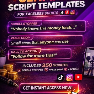 以下が含まれることがあります： 紫と金のグラデーションの背景を持つプロモーショングラフィック。「ULTIMATE SCRIPT TEMPLATES FOR FACELESS SHORTS」と書かれています。行動を促すフレーズとソーシャルメディアのアイコンが含まれています。
