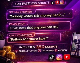 Faceless Content Templates 350 Scripts, TikTok Viral Hooks & CTA Scripts, Reels Shorts Ideas, Side Hustle Digital Download