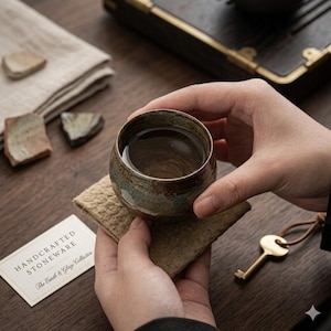 May include: A handcrafted stoneware tea cup filled with tea, held over a small square coaster. The cup has a brown and blue glaze. A business card reads "Handcrafted Stoneware The Earth & Glaze Collective". A gold key hangs nearby.