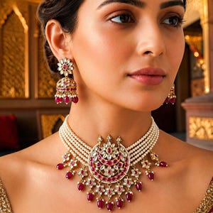 May include: A woman wearing a gold necklace and earrings. The necklace has a crescent-shaped pendant with red gemstones and white details, suspended from multiple strands of pearls. The earrings feature a floral design with red gems.