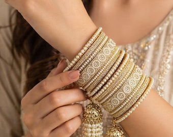 Conjunto de brazaletes de piedra para novias, jhumka de perlas y latkan, conjunto de chooda de cobre de moda, joyería de boda india, brazaletes kundan kada, joyería étnica para novias