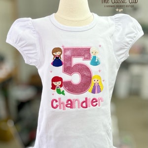 Princess theme birthday shirt or bodysuit, Princesses Birthday Shirt, Elsa, Ariel, Rapunzel, Belle | Any Age image 5
