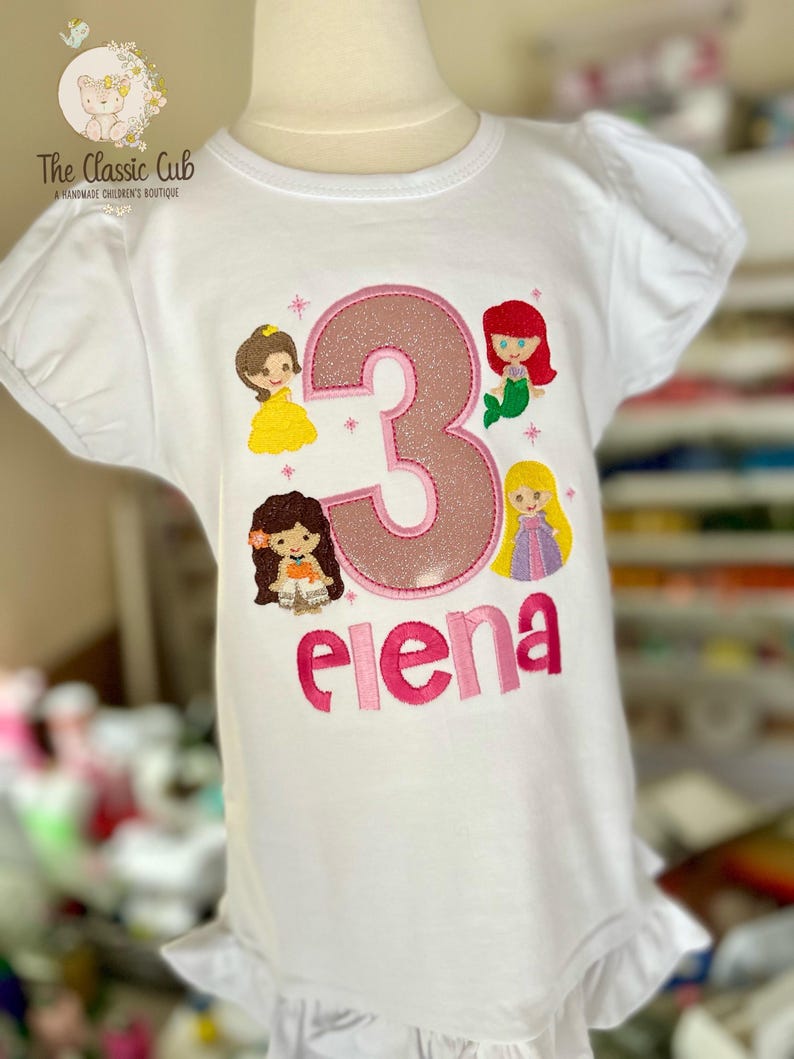 Princess theme birthday shirt or bodysuit, Princesses Birthday Shirt, Elsa, Ariel, Rapunzel, Belle | Any Age image 6