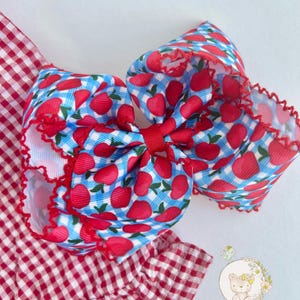 Beautiful apple theme hair bow in red and blue, works for back to school and fall apple picking
