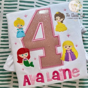Princess theme birthday shirt or bodysuit, Princesses Birthday Shirt, Elsa, Ariel, Rapunzel, Belle | Any Age image 7