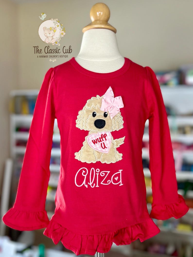 Puppy theme Valentine shirt, Wuff You red valentine shirt for girls image 2