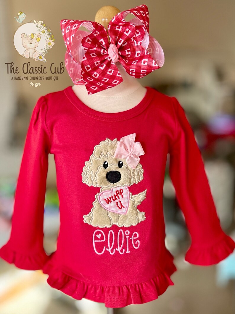 Puppy theme Valentine shirt, Wuff You red valentine shirt for girls image 5