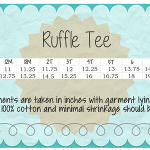 Peut inclure: Un tableau indiquant les mesures de la largeur de la poitrine et de la longueur en pouces pour un t-shirt &agrave; volants dans les tailles 6M &agrave; 12. Le tableau est sur un fond bleu clair avec une bordure blanche et le texte "Ruffle Tee" en haut.