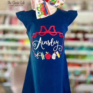 Navy school theme dress for girls with embroidered name