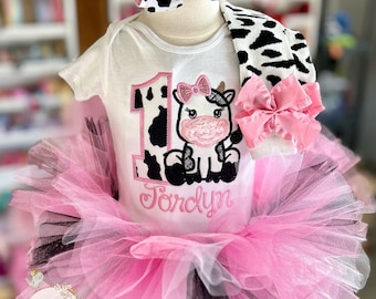Pink Cow theme birthday tutu outfit, girly cow 1st birthday