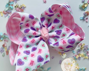 Lazo de San Valentín con corazones de conversación, lazo para el pelo con corazones de caramelo