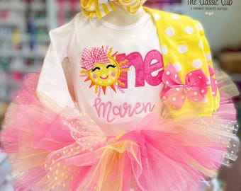 Sunshine theme ONE birthday tutu outfit, pink and yellow sun birthday