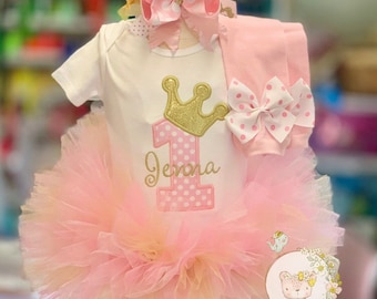 Princess theme 1st birthday tutu outfit in pink and gold