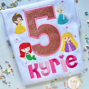 Princess theme birthday shirt or bodysuit, Princesses Birthday Shirt, Elsa, Ariel, Rapunzel, Belle | Any Age image 2