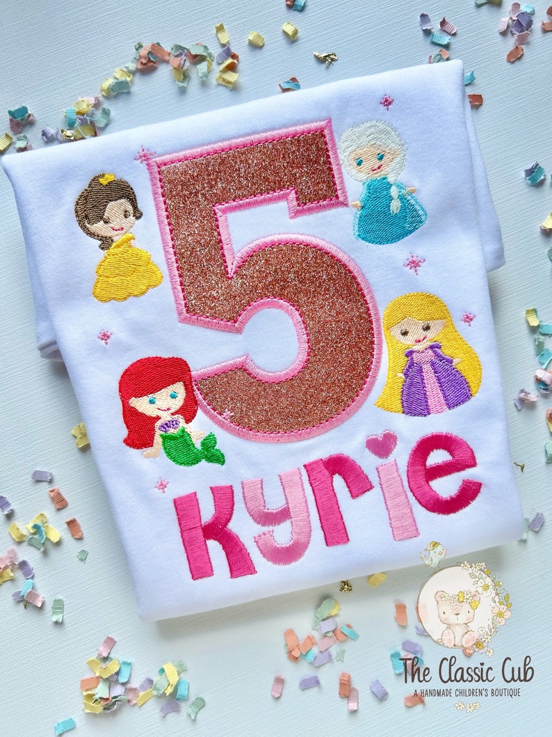 Princess theme birthday shirt or bodysuit, Princesses Birthday Shirt, Elsa, Ariel, Rapunzel, Belle | Any Age image 2