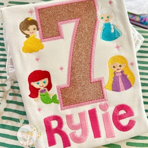 Princess theme birthday shirt or bodysuit, Princesses Birthday Shirt, Elsa, Ariel, Rapunzel, Belle | Any Age image 4