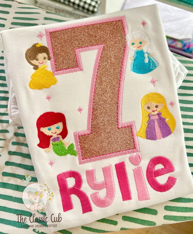 Princess theme birthday shirt or bodysuit, Princesses Birthday Shirt, Elsa, Ariel, Rapunzel, Belle | Any Age image 4