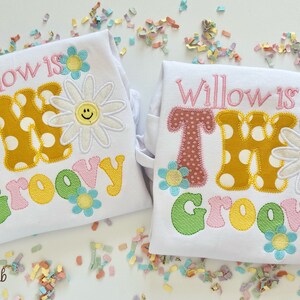 Two Groovy theme birthday shirt or bodysuit for girls with daisies image 3