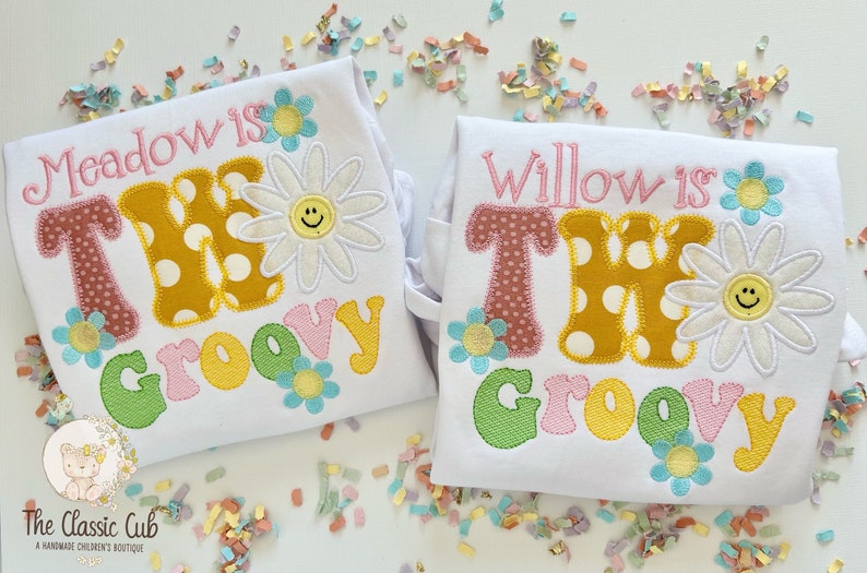 Two Groovy theme birthday shirt or bodysuit for girls with daisies image 3