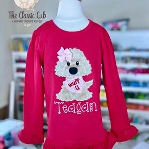 Puppy theme Valentine shirt, Wuff You red valentine shirt for girls image 4