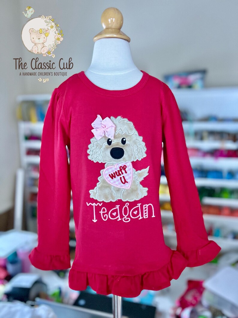 Puppy theme Valentine shirt, Wuff You red valentine shirt for girls image 4
