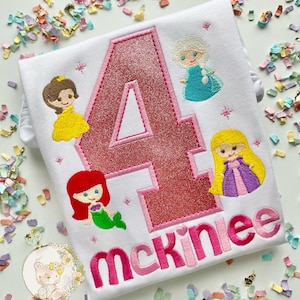 Princess theme birthday shirt or bodysuit, Princesses Birthday Shirt, Elsa, Ariel, Rapunzel, Belle | Any Age