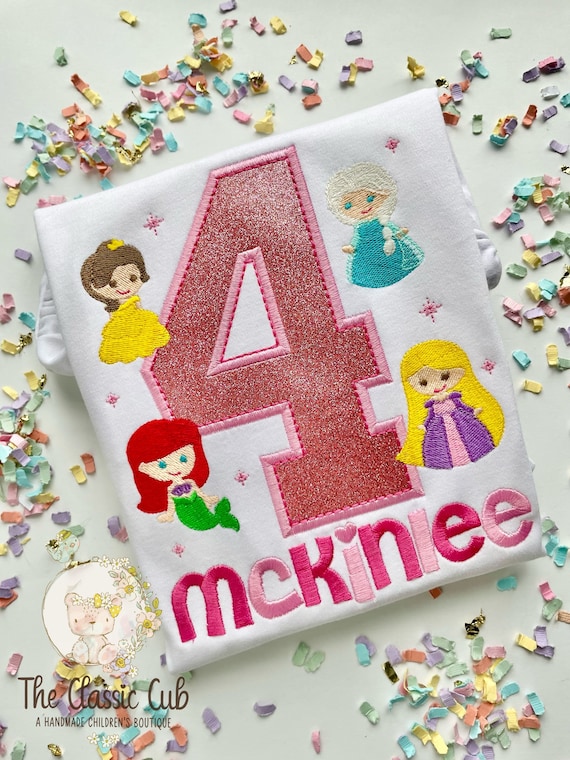 Princess theme birthday shirt or bodysuit, Princesses Birthday Shirt, Elsa, Ariel, Rapunzel, Belle | Any Age