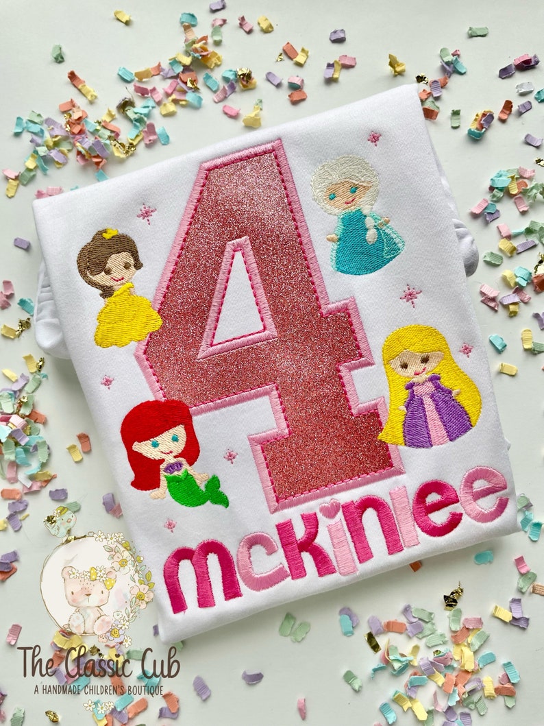 Princess theme birthday shirt or bodysuit, Princesses Birthday Shirt, Elsa, Ariel, Rapunzel, Belle | Any Age image 1