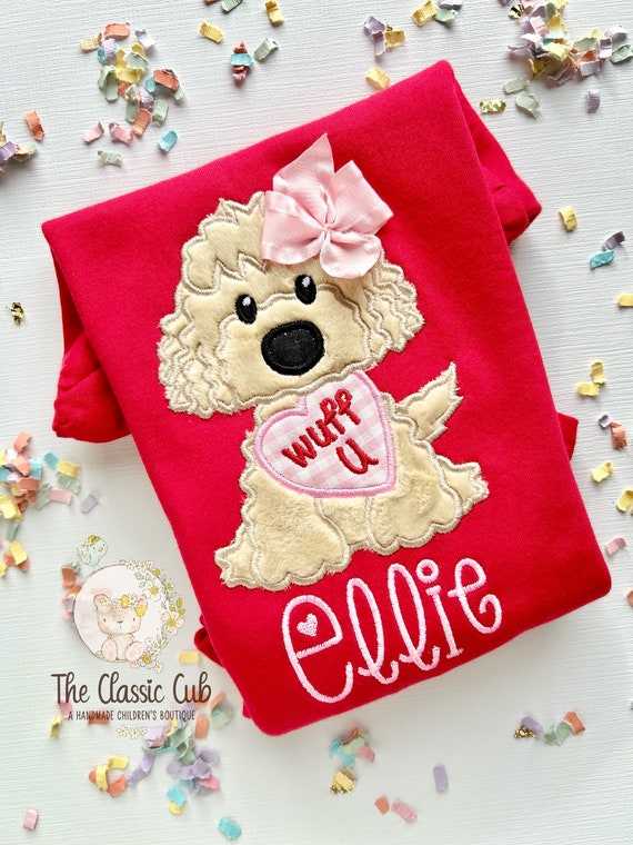 Puppy theme Valentine shirt, Wuff You red valentine shirt for girls