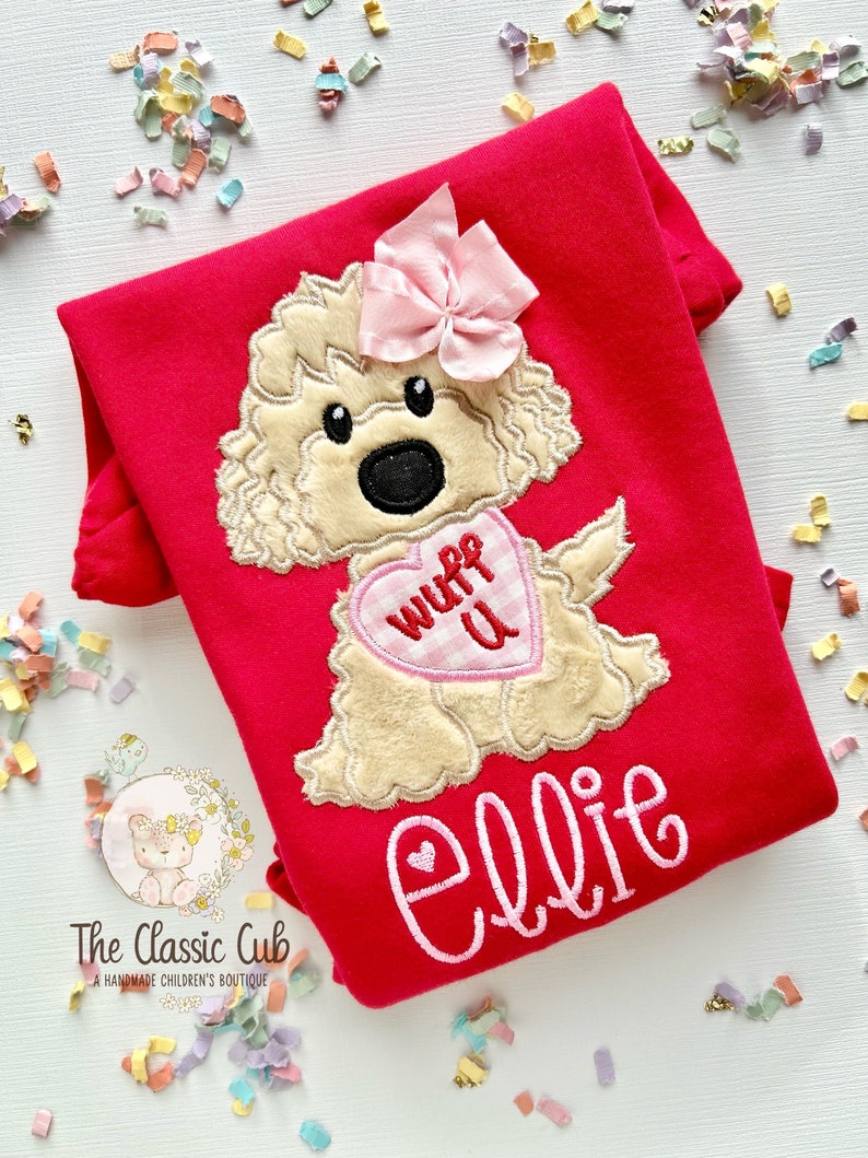 Puppy theme Valentine shirt, Wuff You red valentine shirt for girls image 1