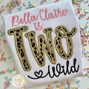 Two Wild theme birthday shirt or bodysuit for girls in cheetah print, leopard print