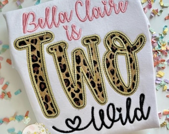 Two Wild theme birthday shirt or bodysuit for girls in cheetah print, leopard print